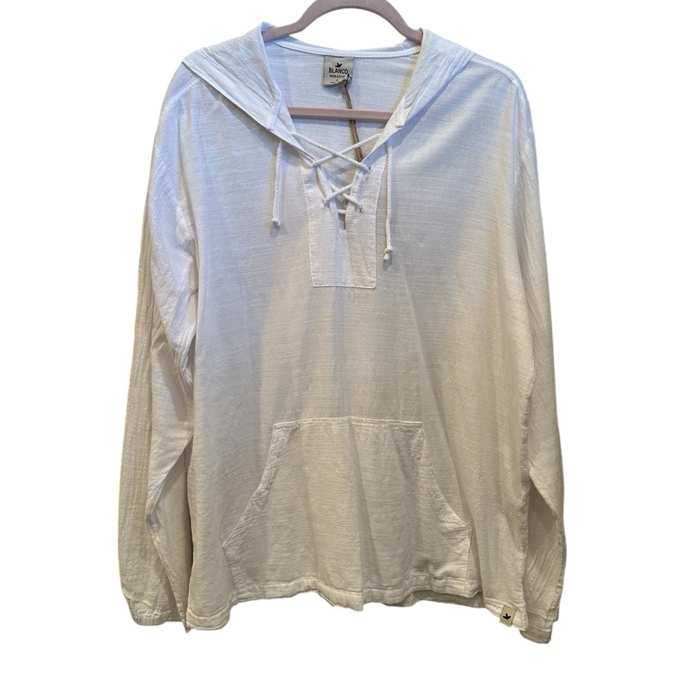 NWT Blanco Cotton Hooded Pullover Lace-Up Front Pockets Spring Neutral Sz L